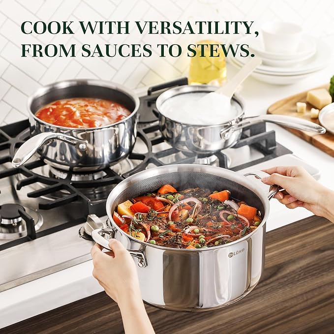 DELUXE Hybrid Nonstick 6 PCS Pot Set, 1.3, 3&5.4-Quart Pot with Tempered Glass Lid, Stainless Steel Cookware Pots with Stay-Cool Handle, Dishwasher Safe, Compatible with All Cooktops