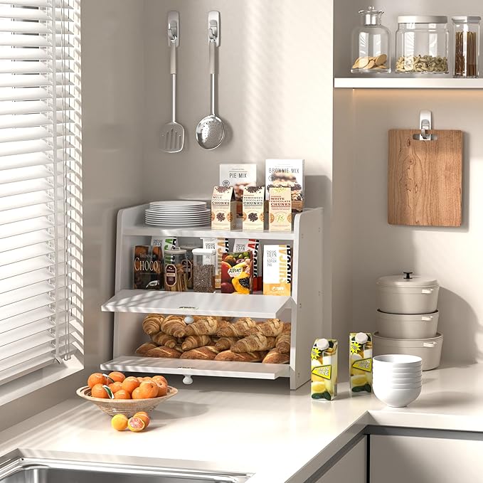 Bread Box for Kitchen Countertop, Double Layer Wooden Breadbox, Large Capacity Bread Storage Bin, Homemade Bread Storage Container, Farmhouse Breadbox Organizer, White