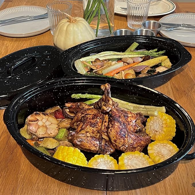 Enamel Roasting Pan With Lid and Rack 13" 18"Granite Roaster Pans Set With Rack Suitable Cooking Poultry Baking Turkey Bread Beef Resists Up to 932°F,Dishwasher Safe,Holiday Gifts CookWare