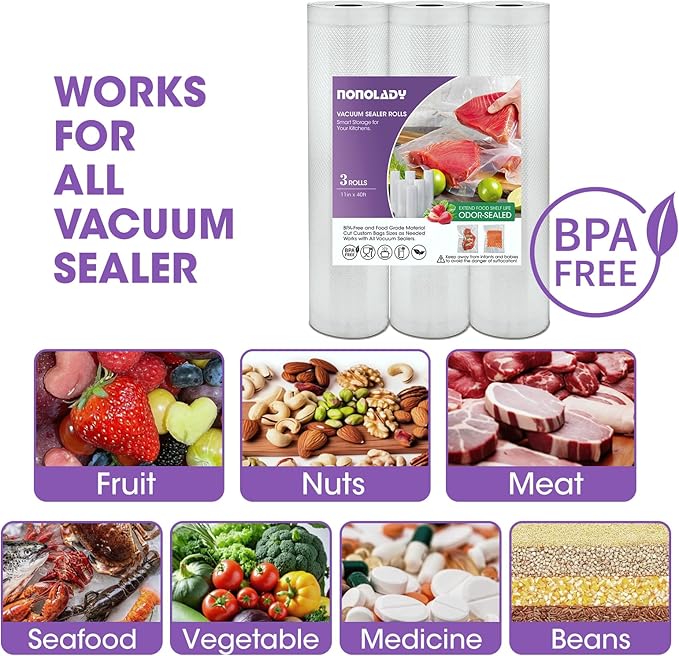 Vacuum Sealer Bags Rolls for Food, 3 Rolls 11" x 40' Commercial Grade BPA Free, Heavy Duty Puncture Prevention for Sous Vide, Meal Prep, Vac Storage with Freezer Use (Customized Size)
