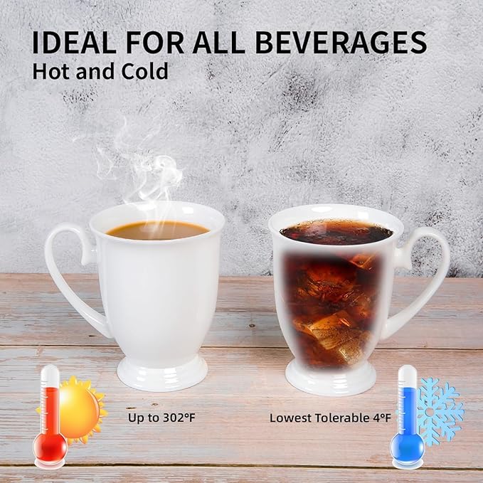 Luxury Fine Bone China White Coffee Mugs Set of 2 (8 oz), Ceramic Euro Style Tea Cups, Elegant Durable Coffee Cups Set for Gifts, Women, Men, Mom, Dad, Wedding