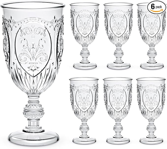 6 Pcs Plastic Goblets 7.5oz Vintage Goblet Plastic Wine Glasses Colored Retro Embossed Water Goblets for Wine Bar Juice Baby Shower Wedding Reception Grand Event Party (Clear)