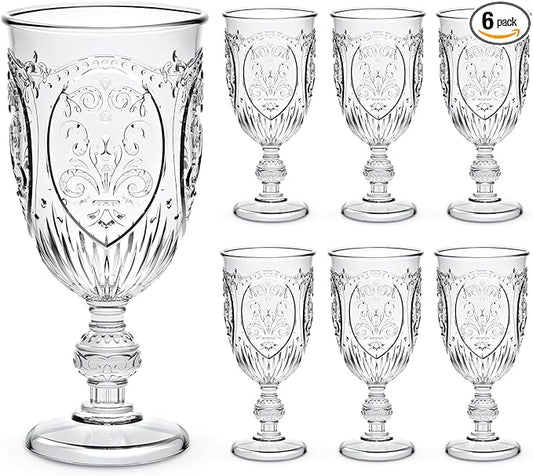 6 Pcs Plastic Goblets 7.5oz Vintage Goblet Plastic Wine Glasses Colored Retro Embossed Water Goblets for Wine Bar Juice Baby Shower Wedding Reception Grand Event Party (Clear)