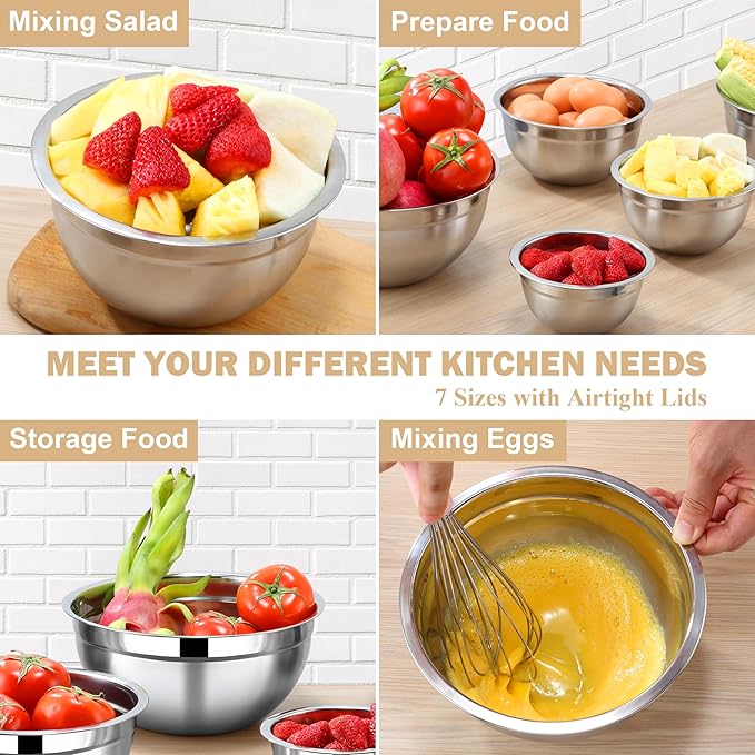 7 Piece Stainless Steel Mixing Bowls with Lids Set - Khaki Nesting Metal Mixing Bowls for Kitchen, Sizes 4.5, 4, 3.5, 2.1, 1.5, 1.1, 0.7 Qt for Baking, Cooking and Serving, Dishwasher Safe