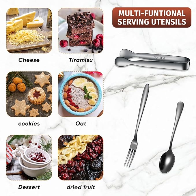 Cunhill 24 Pcs Charcuterie Accessories Mini Cocktail Tongs Small Serving Spoons and Appetizer Forks Stainless Steel Tongs Charcuterie Utensils for Valentine Party Supplies(Vivid Sharp Spoon,Black)