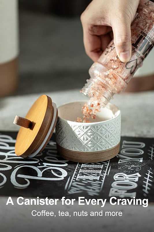 Small Ceramic Jar with Lid, Coffee Container Kitchen Food Storage Jars for Spice Sugar Candy Matcha, Mini Kitchen Spice Jars for Counter, Home, Pantry - White & 5 fl.oz