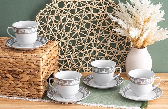 Luxurious Porcelain Tea Set - 8 Piece Vintage Tea Party Set - White with Silver Greek Key Design - 5.5 Inch Saucers, 6.5 oz Cups - For Every Day Use or Formal Occasions (Meander Silver 3008, 8 Piece)