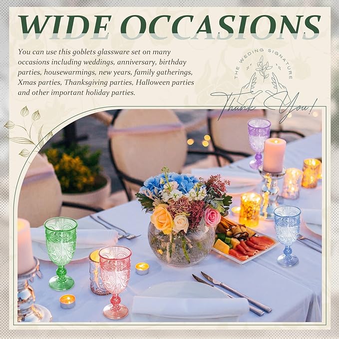 6 Pcs Plastic Goblets 7.5oz Vintage Goblet Plastic Wine Glasses Colored Retro Embossed Water Goblets for Wine Bar Juice Baby Shower Wedding Reception Grand Event Party (Multicolor)