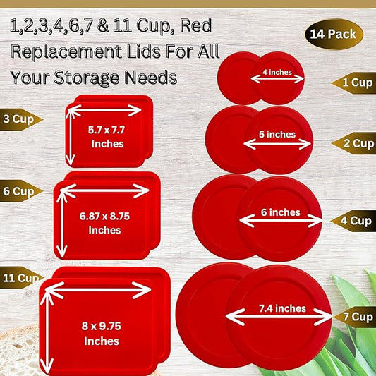 1, 2, 4 & 7 Cup Red Round & 3, 6, 11 Cup Red Rectangle Replacement Lids/Covers for Pyrex, Anchor Hocking & KlareWare Storage Bowls *Lids Only -Glass Container Not Included*, 14 Pack *2 of Each Size*