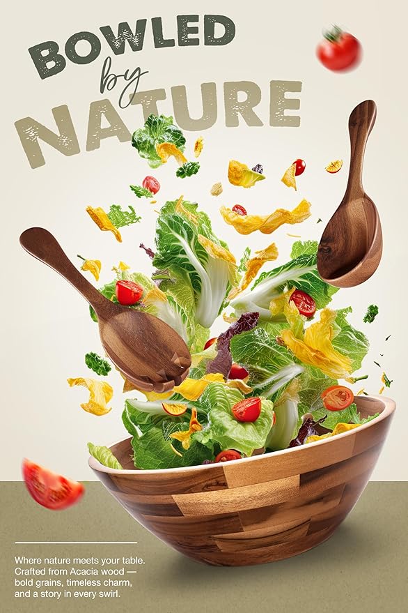 Acacia Wood Salad Bowl Set with Spoon, Fork - Large Salad Bowl with Serving Utensils - Big Mixing Bowl for Fruits, Salad, Pasta (12.2" Diameter x 4.75" Height) (Acacia color)