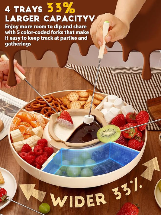 Chocolate Fondue Pot Set Electric Melting Machine, 4-Cup Capacity 4 Trays 5 Forks 1 Spatula Cheese Warmer, Ideal Gift for Couple Family & Date Night Idea House Warming Holidays Essentials