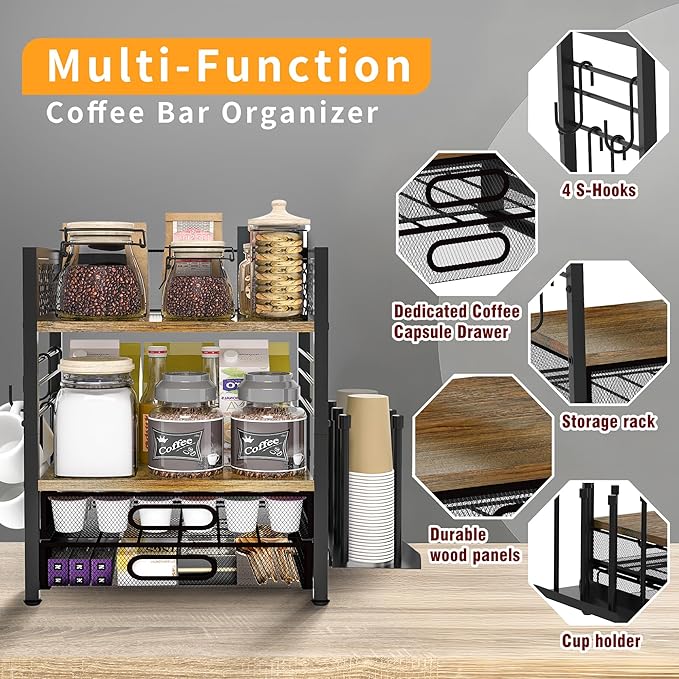 Coffee Bar Organizer - 4 Tier Coffee Station Organizer for Countertop, Coffee Bar Storage with 4 Hooks, with K Cup Storage Drawer and Cup Holder, Multifunctional Shelf for Accessories Kitchen