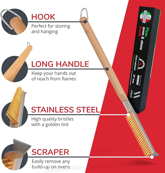 26” Pizza Oven Brush with Stone Scraper - Heat Resistant Stainless Steel Bristles, Extra Long Handle - Compatible with Ooni Ovens - Includes Spare Head