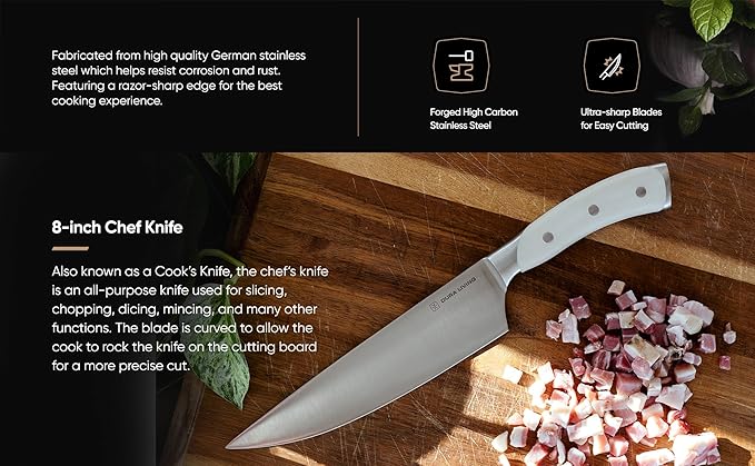 3-Piece Kitchen Knife Set – Ultra-Sharp German Stainless Steel, 8” Chef, 5” Utility, and 3.5” Paring Knives with Ergonomic Handles, Multipurpose Kitchen Knife Set, Clear