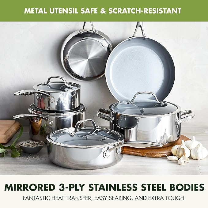GreenPan Valencia Tri-Ply Stainless Steel 10 Piece Cookware Set, Induction Ready Pots & Pans, Mirror Finish, Dishwasher Safe & Oven/Broiler Safe to 600F, Compatible with All Cooktops, Silver
