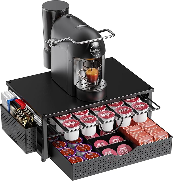 K Cup Holder, Coffee Pod Holder with 2 Tier Sliding Storage Drawer and 1 Hanging Basket for 51 Large or 73 Small Capsule,K Cup Coffee Station Organizer Accessories for Counter,Home,Office,Kitchen