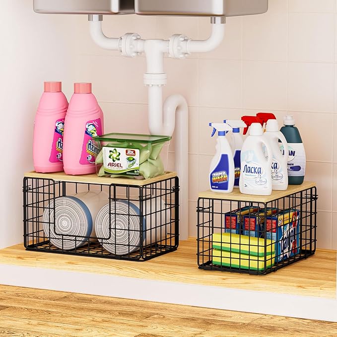 2 Pack Trash Bag Dispenser Under Sink, Trash Bag Holder with Bamboo Top, Garbage Bag Dispenser, Storage Stackable for Kitchen Laundry Organizers Countertop Organization Black