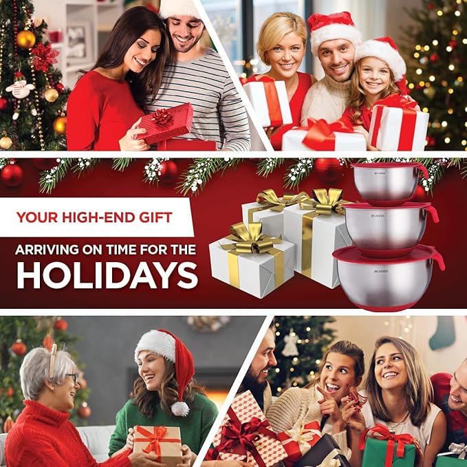 Belwares Mixing Bowls with Lids Set - 3-Piece Stainless Steel Nesting Bowls with Graters, Handles, and Airtight Lids - Non-Slip Mixing Bowls for Cooking, Baking, Prepping, and Food Storage (Red)