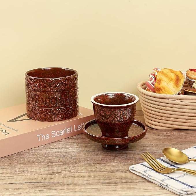 Butter Crock, Ceramic French Butter Dish with Lid for Countertop, Butter Keeper with Water Line for Fresh Spreadable Butter (Vintage Red)