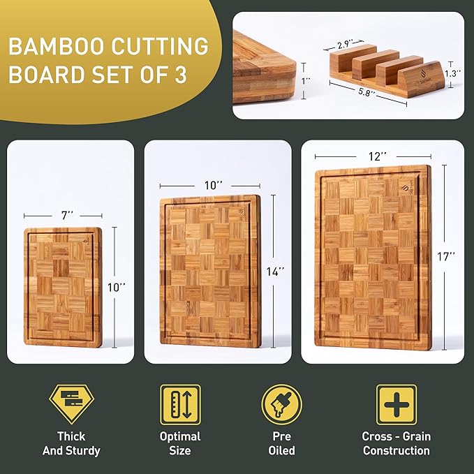3 Pack Heavy Duty Bamboo Cutting Board Set Non Toxic Wooden Cutting Board for Kitchen Non Slip Solid End Grain Thick Wood Juice Groove Chopping Board Extra Large Big Small Best House Warming Gift