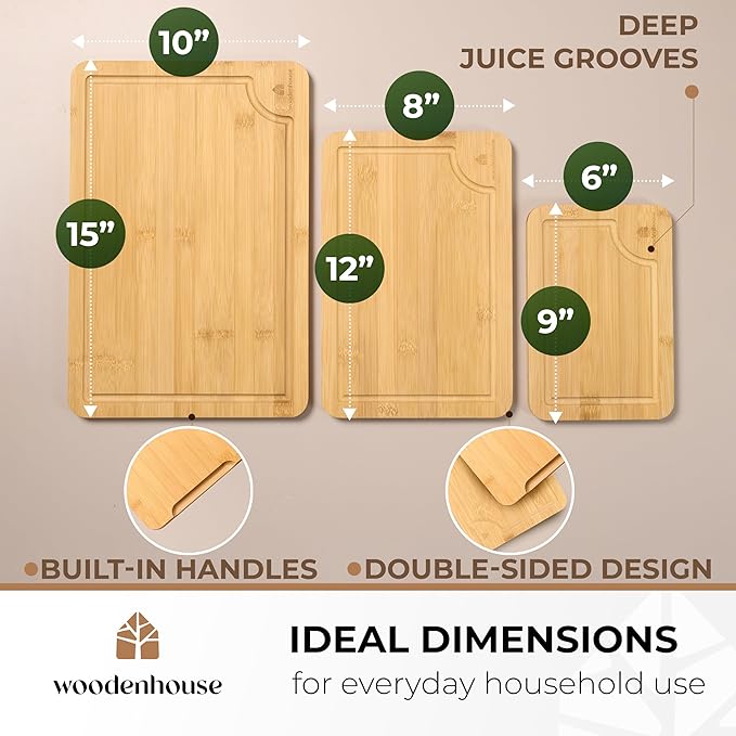 Bamboo Cutting Board Set of 3 - Thick & Durable Wood Cutting Boards with Deep Juice Grooves & Build-in Handles, Large Surface, Easy to Clean – for Meat, Vegetables and Fruits
