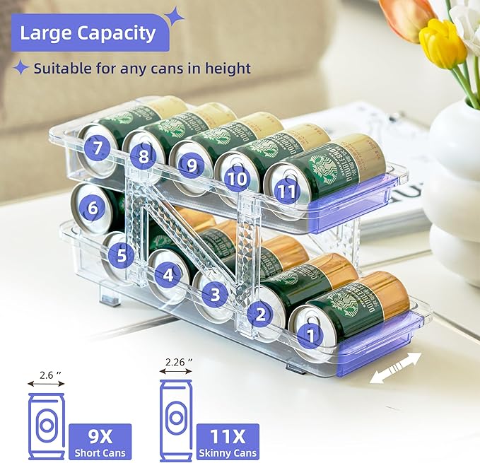 Soda Can Dispenser Organizer for Refrigerator and Pop Can Holders Drink Storage Wide Adjustable (2-Pack Clear)