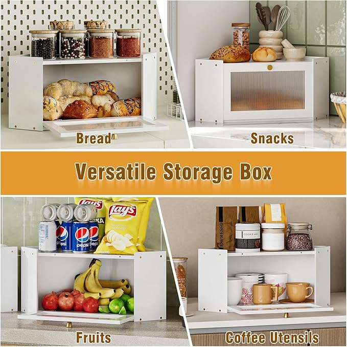 Corner Bamboo Bread Box for Kitchen Counter Large Capacity Rustic Bread Storage Container with Wavy Arcylic Transparent Door Vintage Storage for Homemade Bread (White)