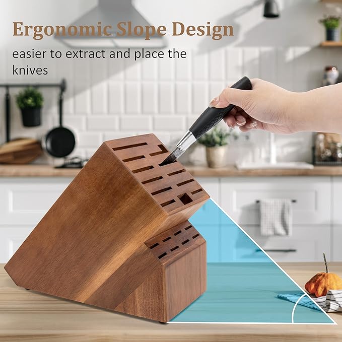 20 Slot Knife Block Storage without Knives,Acacia Wood Universal Knife Holder for Kitchen Countertop,Large Butcher Block Organizer,Easy Kitchen Knife Storage (Brown)