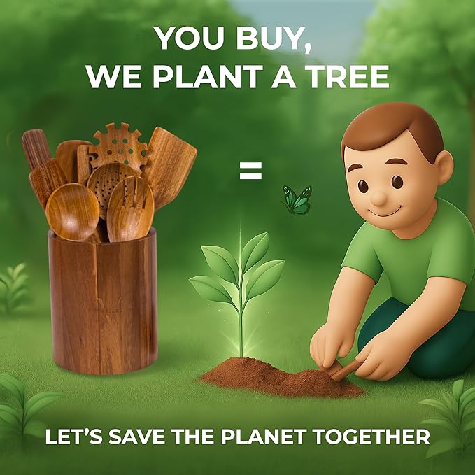 XXL Wooden Utensil Set – 13 Piece Acacia Wood Cooking Tools with Round Holder for Nonstick Cookware with Holder & Spoon Rest – Wooden Spoons for Cooking, Spatula, Spurtle