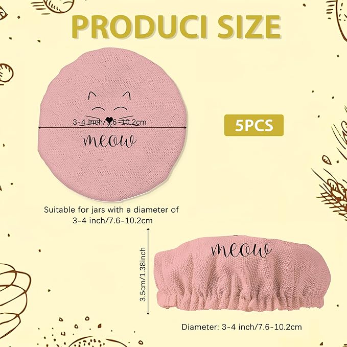 Cute Meow Cat Sourdough Starter Jar Covers Reusable,Breathable Fabric Lids for Mason Jars,Wide Mouth and Regular Mouth(5 Pack)