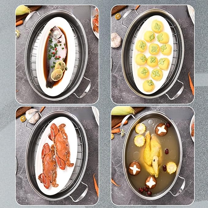 Stainless Steel Fish Steamer, Fish Steamer for Cooking Multi-Use Oval Pasta Pot/Braiser with Rack, Ceramic Pan, Chuck, Stockpot for Steaming Fish, Boiling Soup