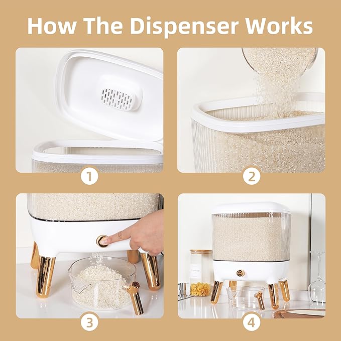 Rice Dispenser 25 Lbs - Flour and Rice Container - Space Efficient Food Dispenser for Organized Storage - Save Time & Effort with Easy Dispensing - Stylish Countertop Solution