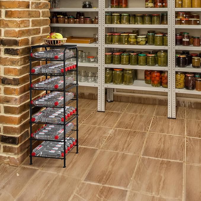 Vrisa Water Bottle Organizer 7 Tier Free Standing Water Bottle Holder Stand with Storage Shelves Beverage Drink Soda Can Rack Dispenser Metal Storage Shelf for Kitchen Pantry Party Office, Black