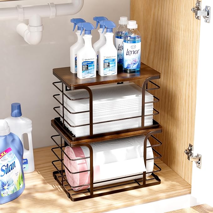 2 Pack Extra Large Pantry Baskets with Bamboo Top,Stainless Steel Trash Bag Dispenser for Kitchen Sink and Laundry Room Organization,Brown