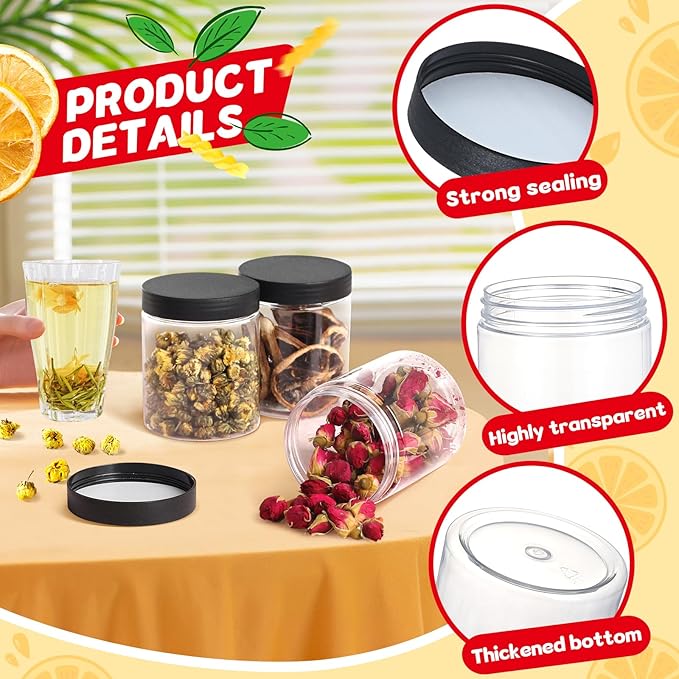 48 PCS 8 OZ Plastic Jars with Screw On Lids,Labels Refillable Empty Round Slime Containers for Storing Dry Food, Honey Jam, Cream, Butter, Lotion, black
