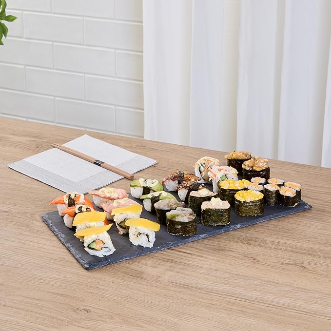 Restaurantware Slate Serving Trays 4 Pack of 15.7" x 7.8" Foam Feet Charcuterie Stone Plates Rustic Edges Freezable Black Serving Display Cheese Boards for Kitchen, Gourmet, Dining, Parties