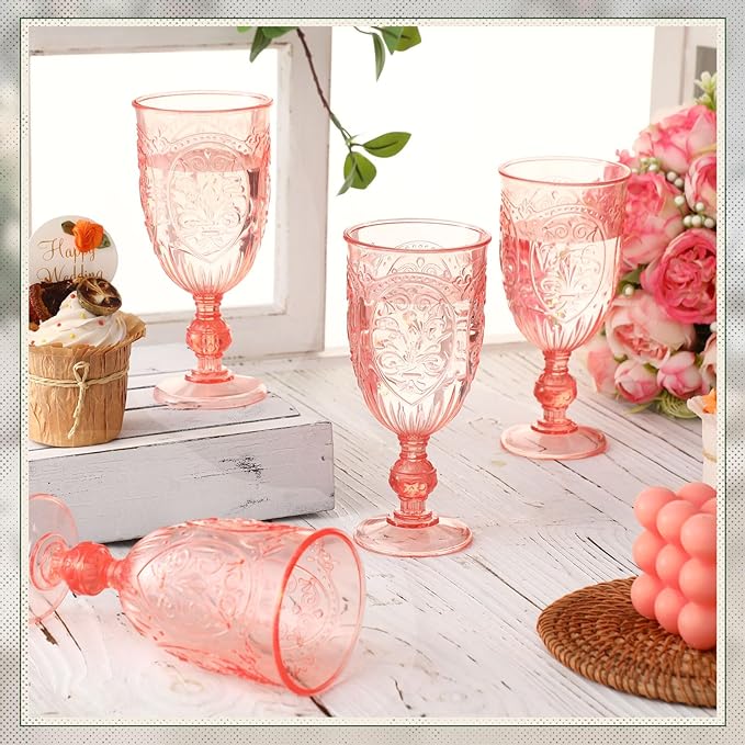 6 Pcs Plastic Goblets 7.5oz Vintage Goblet Plastic Wine Glasses Colored Retro Embossed Water Goblets for Wine Bar Juice Baby Shower Wedding Reception Grand Event Party (Pink)