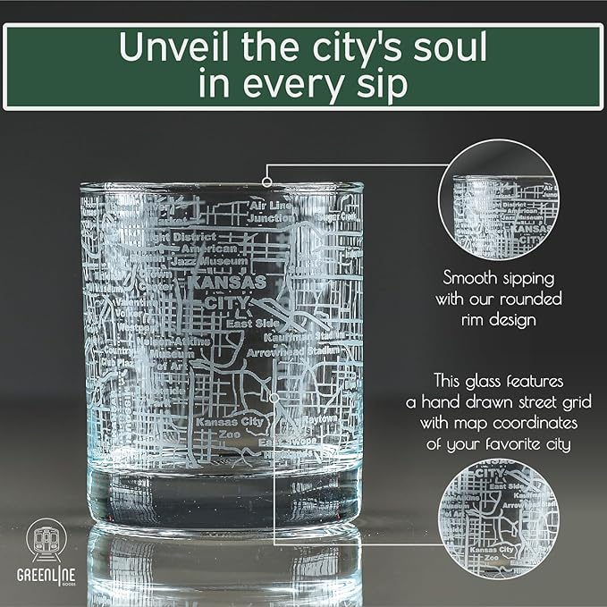 Greenline Goods Whiskey Glasses - 10 Oz Tumbler Set for Kansas lovers, Etched with Kansas City Map Old Fashioned Rocks Glass - Set of 2