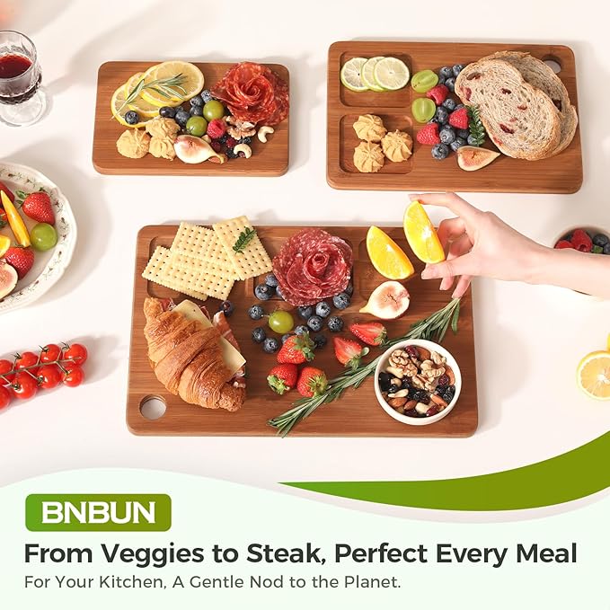 Bamboo Cutting Board for Kitchen, Wood Cutting Board 3 Piece Set with Non-Slip Mat Deep Juice Groove and Built-In Handles, Wooden Cutting Boards for Meat Vegetables Fruit for the Home