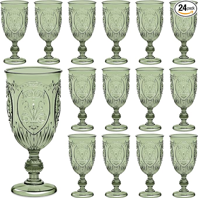 24 Pcs Plastic Goblets 7.5oz Vintage Goblet Plastic Wine Glasses Colored Retro Embossed Water Goblets for Wine Bar Juice Baby Shower Wedding Reception Grand Event Party (Olive Green)