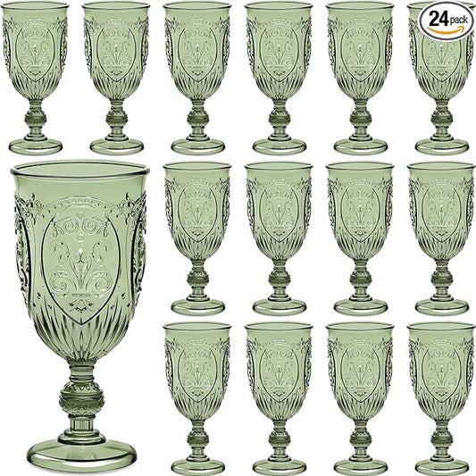 24 Pcs Plastic Goblets 7.5oz Vintage Goblet Plastic Wine Glasses Colored Retro Embossed Water Goblets for Wine Bar Juice Baby Shower Wedding Reception Grand Event Party (Olive Green)