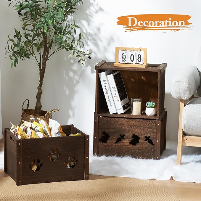 Wooden Crates 2 Pack, Hollow Rabbit Wooden Crates for Display & Storage, Farmhouse Handmade Wood Crate with Handles, Rustic Large Decorative Wood Crate Box for Display