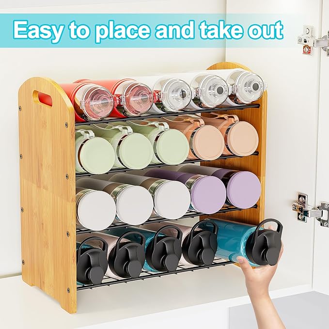 4 Tier Water Bottle Organizer, Stackable Bamboo Water Bottle Holder, Water Bottle Storage Rack Tumbler Travel Mug Cup Organizer for Kitchen Cabinet Countertop Pantry (Black)
