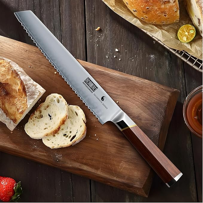 Bread Knife 8 inch, Professional Japanese High Carbon Stainless Steel Serrated Bread Knife, Razor Sharp Bread Knife for Homemade Bread, Sourdough, Bagels, Cake