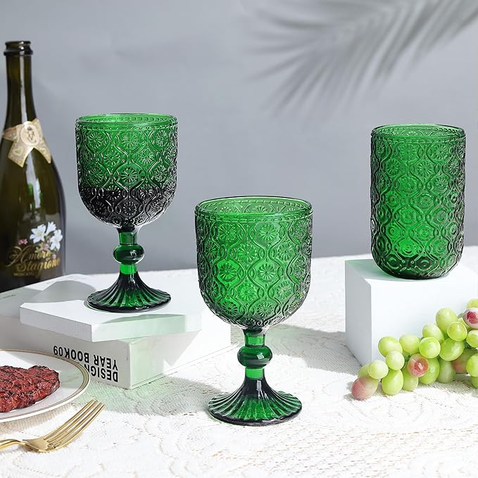 Joeyan Vintage Green Glass Wine Goblet,Embossed Floral Stemmed Wine Glasses,Colored Drinking Cups,Heavy-Duty Glassware for Wedding Party Bar,12 oz,Set of 4,Dishwasher Safe