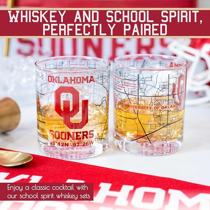 Greenline Goods – University of Oklahoma Sooners College Whiskey Glasses (Set of 2), 10 oz – Full-Color Logo + Campus Map