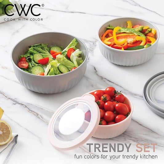 COOK WITH COLOR Prep Bowls with Lids- Wide and Deep Nesting Plastic Small Mixing Bowl Set with Lids, 8 Piece Set - Wide Bowls, Grey/Pink