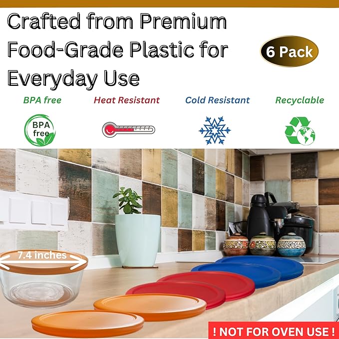 7 Cup/1.65 L Orange, Red, Blue Replacement Lids/Covers for Pyrex 7202-PC, 7 Cup/56oz Anchor Hocking & Klare Ware Storage Bowls *Lids Only* - *Glass Container Not Included* (4 Pack, Orange, Red, Blue)