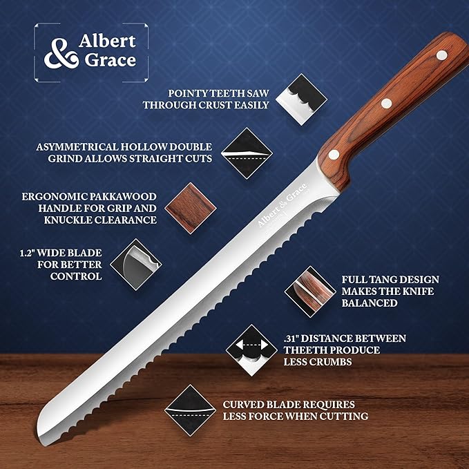 Albert&Grace 10.5-Inch Ultra Sharp Serrated Bread Slicer Knife Less Crumbs Knife for Homemade Bread, Bagels, Sourdough, and Soft Produce