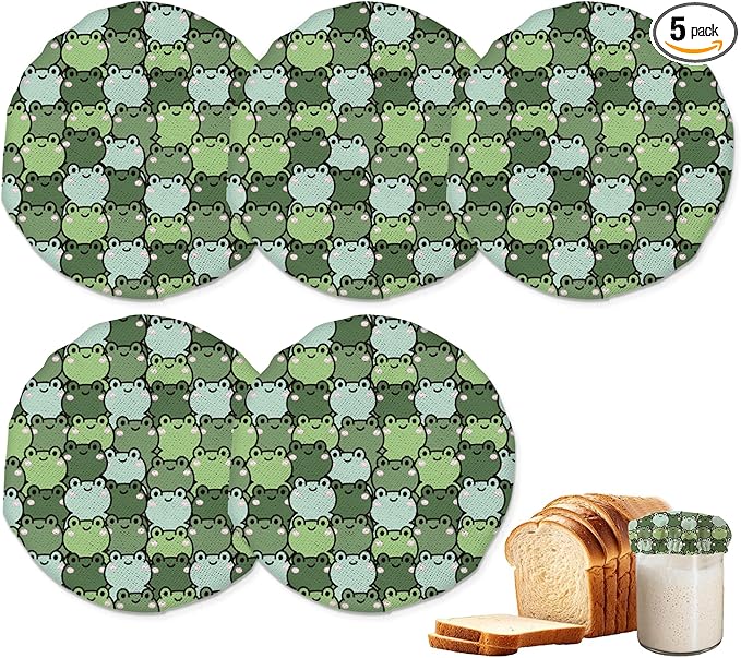 Cute Frog Green Sourdough Jar Cover Reusable Cloth Lid for Sour Dough Starter Jar,5 Pack Bread Fermentation Container Tops Elastic Fabric Caps